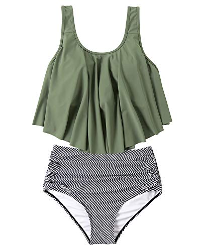 Image of OMKAGI Women's Ruffle Bikini Swimsuit High Waisted Bottom Plus Size Swimwear Tankini