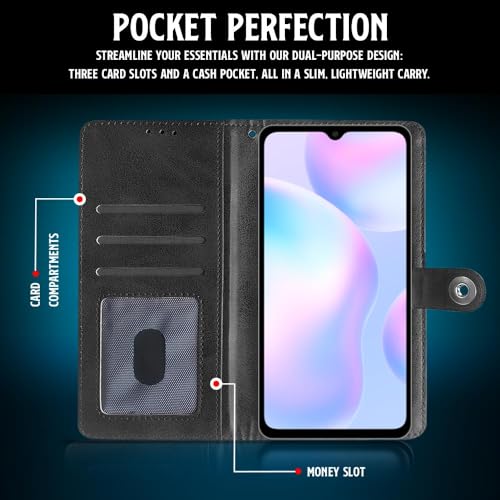 Image of WOW IMAGINE Shock Proof Flip Cover Back Case for Xiaomi Mi Redmi 9A | 9i | 9A Sport (Magnetic Button Flip Case | Wallet Pockets & Stand | Leather Finish | Haze Black)