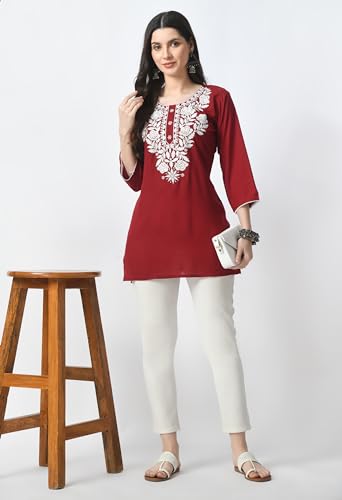 Image of LIBOZA Kurti for Women - Short Chikankari Kurtis for Girls, Lakhnawi Tunic Top Kurta Design for Ladies, Woman Ethnic Kurthis & Shirt with Sleeve