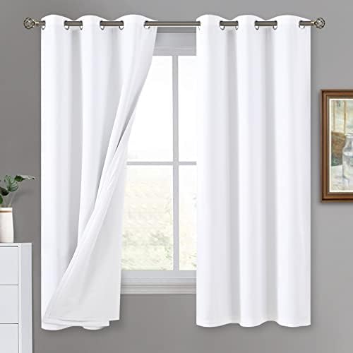 QUEMAS Pure White Blackout Curtains for Bedroom with White Liner, Heat and Complete Room Darkening Curtains for Quality Sleep, Grommet Thermal Insulated Drapes for Nursery, 2 Panels, Each 42 x 63 Inch