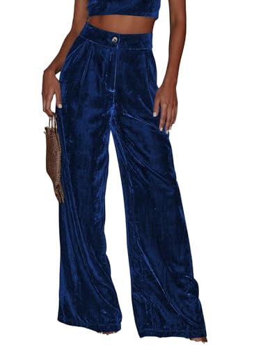 utcoco Womens High Waisted Velvet Pants Casual Loose Fit Button Wide Leg Pants with Pockets
