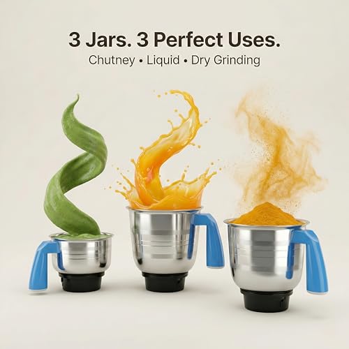 Image of MasterChef 1200 Watts Mixer Grinder, 3 Jars, Blue | Powerful Motor for Dry /Wet Grinding, Blending & Juicing | Stainless Steel Blades, Multi-Purpose Kitchen Appliance for Indian Cooking