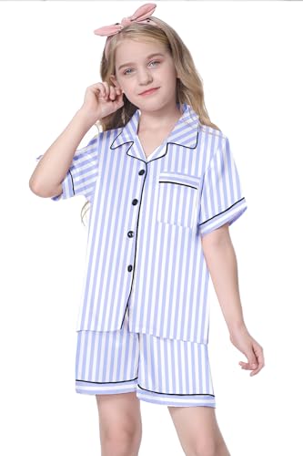 Image of Schbbbta Girls Womens Pajamas, Satin Silky Pjs Set Kids 2Pcs Button-Down Nightwear Sleepwear Gift for Mommy and me