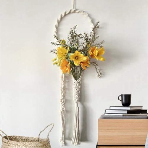 Avoik Makramee Gewebt Wandbehang, Boho Heimdekoration Schicke Wandkunst mit künstlicher Pflanze Wanddekoration Handmade Woven Bohemian Tapestry für Schlafzimmer Wohnzimmer Bauernhaus Wohnung Dorm