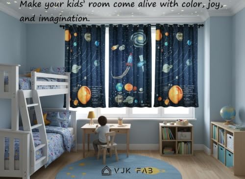 Image of Space Theme Curtains for Kids Room | Planets Cartoon Curtains 4x5 feet Set of 3 | Window Parde Galaxy Print Blinds for Boys & Girls Room | Window Curtain Panel Blue