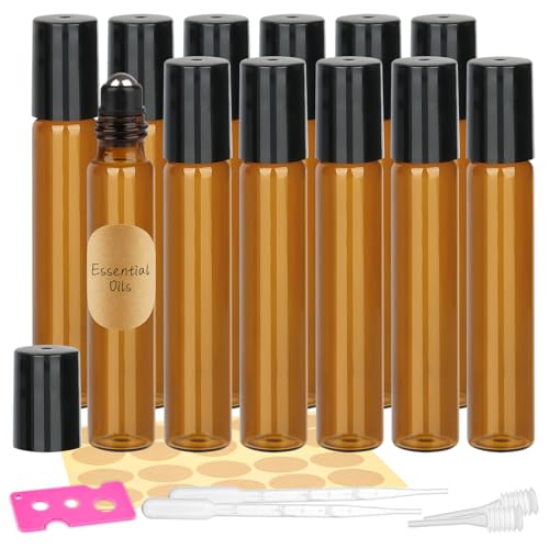 12 Stück Roll on Glasflaschen für Ätherisches Öl 10ml Roll on Flasche Leer mit Edelstahl-Ball Braune Rollon Flaschen mit Öffner Tropfer Strohhalm Etiketten für Ätherische Öle Parfüm Massage