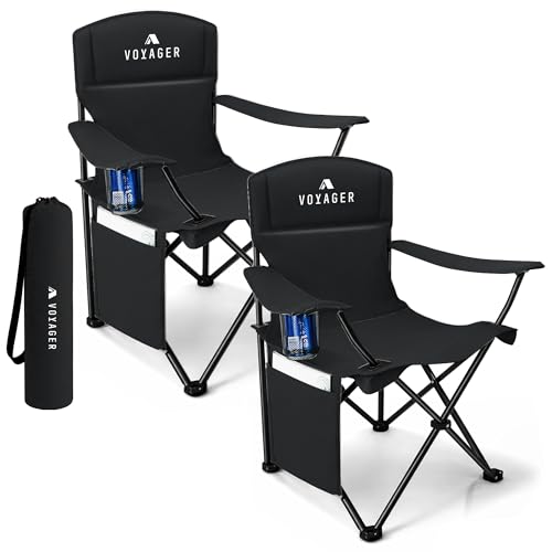 Voyager Folding Camping Chair 2-Pack, Lightweight with Pocket and Drinks Holder, Holds up to 120kg Each, Easy to Transport, Foldable Outdoor Chair Set -Black
