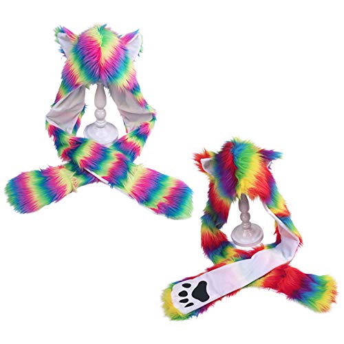 XISAOK Women Rainbow Stripes Furry Animal Hoodie Hat Fluffy Plush Ears Paws 3 in 1 Earflap Cap Scarf Gloves Mittens Warmer3