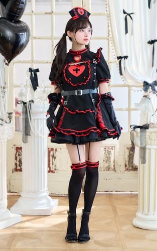 [Malymoon] コスプレ ナース 看護師 紫 赤 黒 藤咲凪 フリル ワンピース 医者 ハート 衣装 仮装 マリームーン 9点セット CS25031 詳細画像5