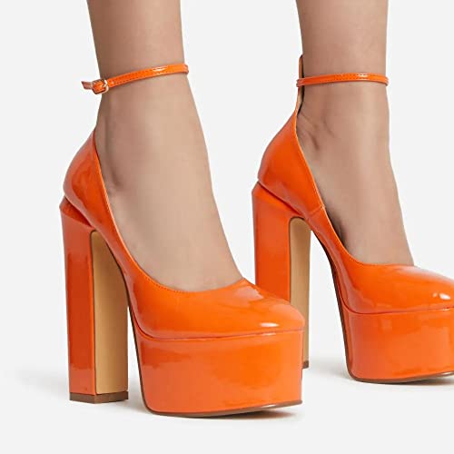Keleimusi Patent Leather Platform Pumps Ankle Strap Round Toe High Block Heels Orange thumb #3