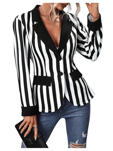 SweatyRocks Women's Black and White Striped Blazer Lapel Open Front Button Long Sleeve Work Office Jacket