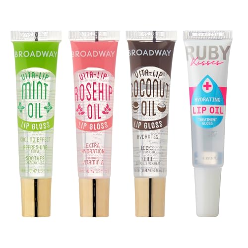 Ruby Kisses Broadway Vita-Lip Clear Lip Gloss (4 Pack Mint, Rosehip, Coconut Oil, Lip Oil...