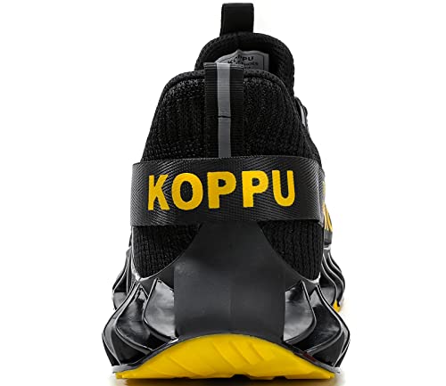 Foto von Kricely Sicherheitsschuhe Herren Leichte Arbeitsschuhe Sportliche Atmungsaktive Stahlkappenschuhe rutschfeste Arbeitsturnschuhe（Schwarz Gelb 43.5）