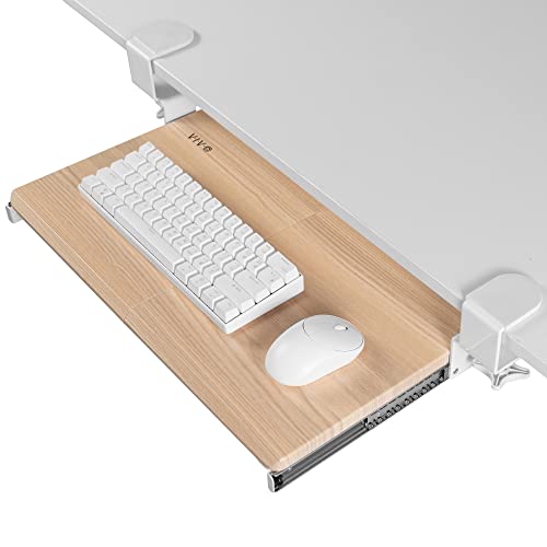 Image of VIVO Small Clamp-on Computer Keyboard and Mouse Under Desk Slider Tray, 20 x 11 inch Pull Out Platform Drawer, Light Wood, MOUNT-KB05ES-A | Keyboard Tray for Typing, Slide Out Platform, Extra Sturdy C-Clamp Mount System, Computer Drawer, White Frame