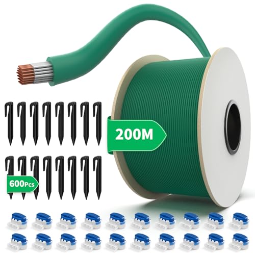 200M Cable Robot Tondeuse Universel + 600 Piquets de Fixation + 20 Connecteurs de Câble, Câble Périphérique en Cuivre étamé - Accessoires pour Tondeuses à Gazon Robotisées - Ø2,7mm