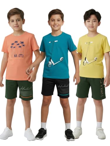 Image of HELLCAT Boys Dress Clothing Set Combo with Tshirts & Shorts - Pack 3