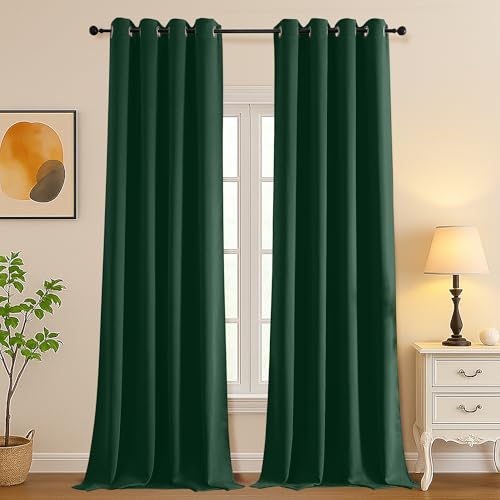 Image of Simplebrand Ever Green Room Darkening Curtains for Bedroom Living Room 108 Inches Long 2 Panels Set, Thermal Insulated Curtains & Drapes, Solid Grommet Noise Reducing Window Treatment, W50 x L108 Inch