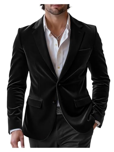 DRCUIVS Men's Velvet Blazer Notch Lapel Tailored Fit Single Breasted Two Button Business Suit Jacket Christmas Party Prom Dinner Fashion Sport Coat Black X-Large