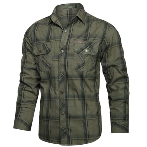 Check-Camiseta, Camisa Clásica a Cuadros Manga Larga de Algodón para Hombre, Ligero y Agradable Protección UV para Pesca, Tala, Montañismo, Caza，VerdeMilitar，XL