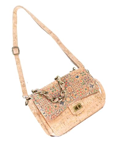Women's Cork Crossbody Shoulder Bag with Chain Strap, Portuguese Tile Print, Natural Cork Material, 11W x 3.5D x 8H inches2