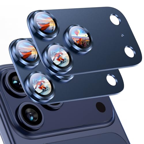 Image of Uyiton Compatible with iPhone 17 Pro Max Camera Lens Protector - [Not Easy to Break][Strong Adsorption][Case-Friendly] Metal Tempered Glass Rear Camera Screen Cover - Deep Blue, 2 Packs