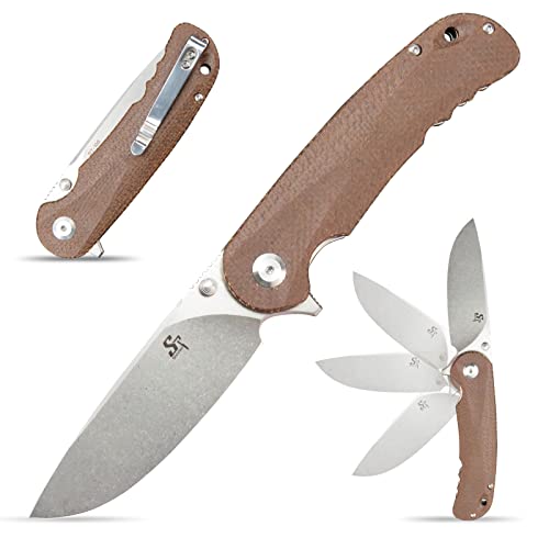 Sitivien ST106 Folding Knife, D2 Blade and Micarta Handle Flipper EDC Tool Knife for Outdoor Camping Hiking Survival(Brown)