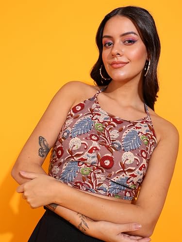 Image of Yash Gallery Women's Regular Fit Cotton Geomatrical Handblock Printed Freesize Backless Sleeveless Blouse