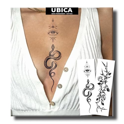 UBICA Semi Permanent Tattoo 2 Sheets | Cool Design (Snake,Thorns,Eye) Lasts 2 Weeks, Waterproof & Realistic Tattoos for Spine Arm Non-Reflective, Develops Fully in 48H
