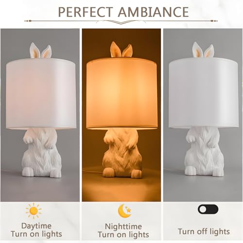 Lampe lapin en résine blanche de 49 cm avec son abat-jour en tissu chic