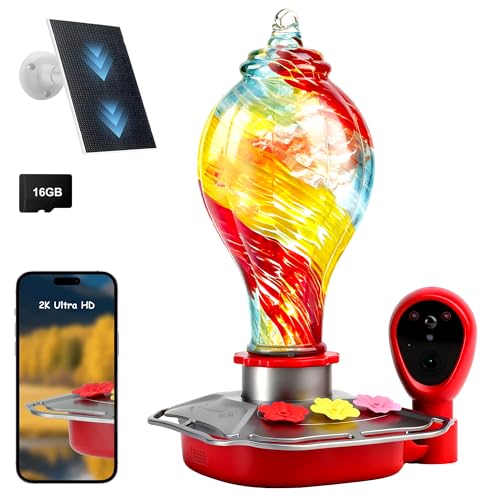 2K Solar Powered Hummingbird Feeder with Camera, AI Identify, Water Monitoring, Instant App Alert, Auto Recording, TF Card Included, Leak-Proof Ant & Bee Proof Outdoor Bird Feeder