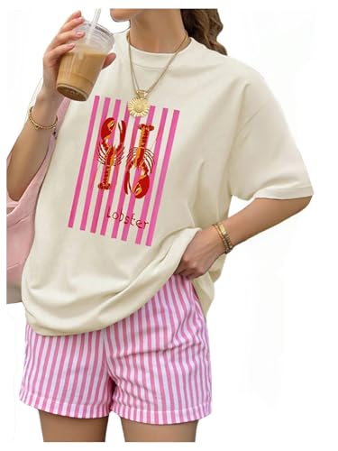 Verdusa Women's 2 Piece Striped Graphic Outfits Oversized Tshirts and