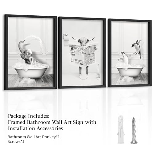 Heiple Framed Bathroom Wall Art Set of 3 Funny Animals - Penguin, Cow, Elephant - Farmhouse Style - Black, 11''x14'' - Image 6