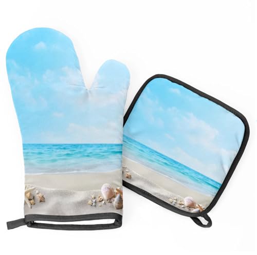 Beach Shells Oven Mitts Kitchen Oven Gloves for Cooking Baking Heat Proof Lining Cotton Kitchen Potholder Mittens Pot Holders Hot Pads for Chef Women Men