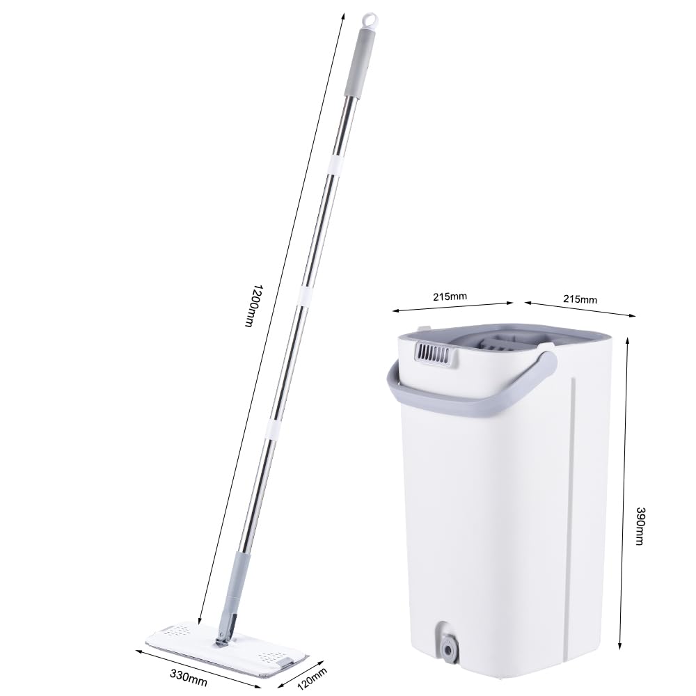 Kavolet Juego de mopa y Cubo con escurridor, Mango de Acero Inoxidable de 119,4 cm de Largo, Uso en seco y húmedo, con 2 Almohadillas de Microfibra, mopa Manos Libres para el hogar para Suelos