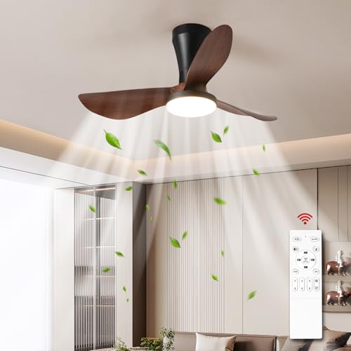 Hudi Fyier Ceiling Fan with Light and Remote,32 Inch Black Walnut Flush Mount Low Profile Ceiling Fan, Dimmable Noiseless Reversible DC Motor Fan for Dinning Room Bedroom Living Room Basement Kitchen