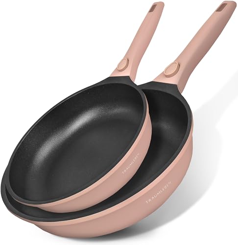 TRAUMLEBEN NEU Pfannenset 2-teilig 24, 28 cm mit abnehmbarem Griff, Antihaftbeschichtung, PFOA frei, für Induktion geeignet | backofenfest | Pfanne beschichtet Brat- & Universalpfannen (rosa)