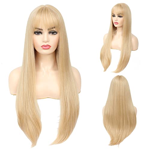 X-Tress Perruque Blonde avec Frange 28' Longue Cheveux Synthétique Perruque Naturelle Souple Cheveux Droit Plus Naturel Facile à Manipuler Cheveux Brillant pour Cosplay et Halloween(Blond)