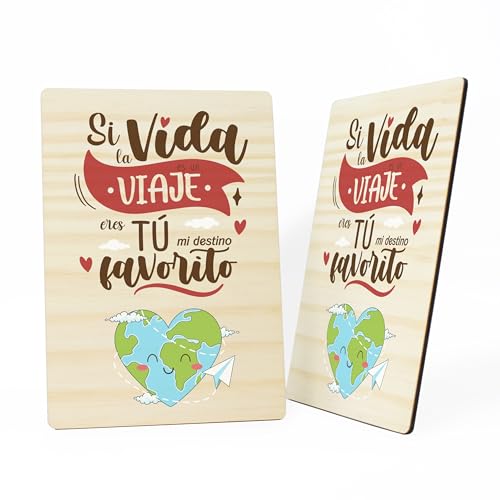 Dehome - Tarjeta Felicitación Enamorados madera - Regalo Original para San Valentín Aniversario Cumpleaños Pareja Amor Novio Novia Hombre Mujer - Un Recuerdo para Toda la Vida (Viaje)