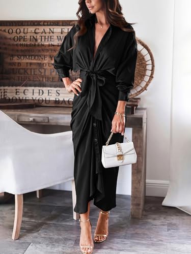 Image of BTFBM Summer Dresses for Women 2026 Long Sleeve V Neck Button Down Elegant Belted Ruched Satin Silk Shirt Spring Dress