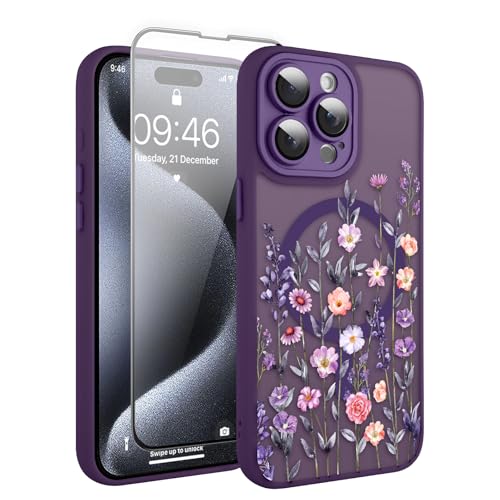 Coque antichoc iPhone 15 Pro Max MagSafe violette mince avec protection écran fleurie femme