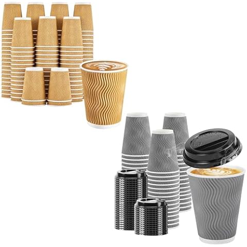 Clawsoff 120 Pack 12 oz Disposable Coffee Cups + 100 Pack 12 oz Disposable Coffee Cups with Lids Cover