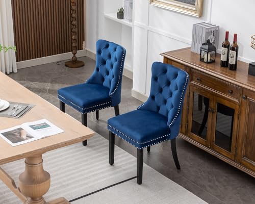 KCC Velvet Dining Chairs Set of 2, Upholstered High-end Tufted Dining Room Chair with Nailhead Back Ring Pull Trim Solid Wood Legs, Nikki Collection Modern Style for Kitchen, Blue - Thumbnail 2