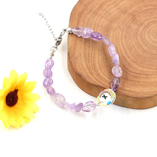 Image of Uloveido Purple Natural Stone and Austrian Crystal Letter Bracelet, Personalized Initial Jewelry for Women A-Z 26 Letters
