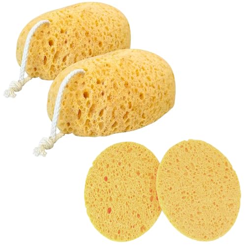 Bisienya 2 PCS Body Bath Sponge,Large Soft Honeycomb Exfoliation Can Produce Thick Foam Gentle Deep Cleansing Super Soft Wand with 2 Pcs Large Compressed Facial SpongesSuitable for Sensitive Dry Skin