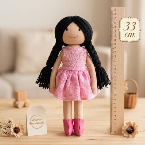 Image of Handcrafted Indian Rag Doll Set, Stitch Soft Toy Doll for Kids, Soft Cotton Fabric Yarn Cloth Doll, Traditional South Indian Soft Toys for Kids Room Decor (Pink, Dot and Net)
