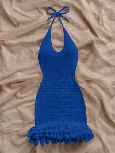 Image of GORGLITTER Women's Vacation Outfit Crochet Halter Knit Bubble Mini Dress Sexy Beach Cruise Summer Miami Resort Outfits