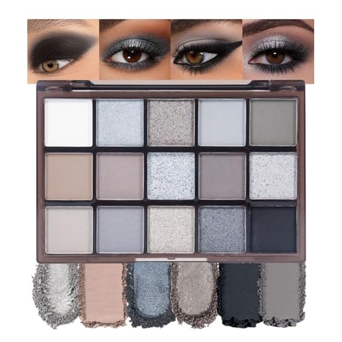 TESGADGETS Smokey Black palette ombretti, 15 colori, grigio, argento, scuro, scintillante, opaco, lunga durata, resistente all'acqua, sfumabile, per uso quotidiano, Halloween, Carnevale