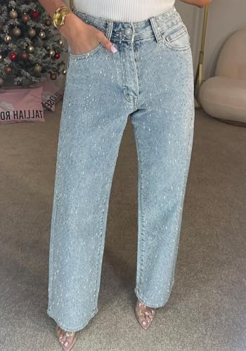 Unybwonn Straight Leg Jeans Rhinestone High Waisted Pearl Boyfried Denim Pants Sparkly Bling Glitter Bedazzled Jeans3