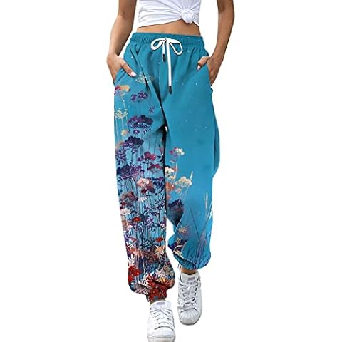 Luckywaqng Bikini Bottoms in Black Women's Floral Print Bottom Jogging Bottoms with Pockets High Waist Sports Gym Athletic Fit Jogger Bottoms Lounge Trousers Women 711, blue, XL Cover
