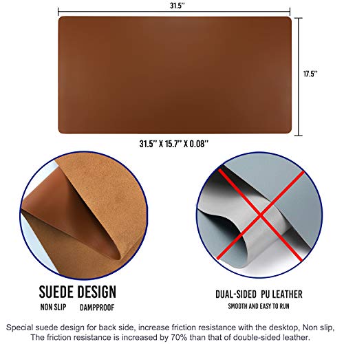 Image of Leather Desk Pad Protector, 31.5 inch x 15.7 inch Non-Slip PU Office Mat, Laptop Mouse Mat, Waterproof Writing Pad Cover for Office and Home (Brown)